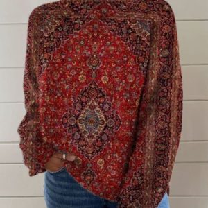 Women Retro Ethnic Art Print Long Sleeve Comfy Vintage Sweater, Sweaters, color:Red|size:3XL, catalog Noracora shop