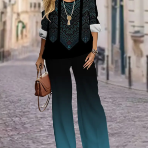 Women Geometric Printing Two-Piece Set Daily Long Sleeve Casual Spring/Fall Top With Pants Matching Set, JustFashionNow Suit Set, color:Green|size:XXL,