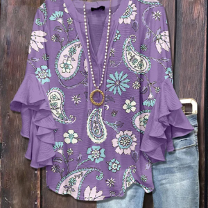 Women Floral Half Sleeve Shirt Summer Printing V Neck Daily Casual Top, JustFashionNow Shirts, color:Purple|size:5XL,
