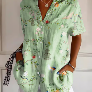 Women Floral Short Sleeve Shirt Summer Printing Shirt Collar Daily Casual Top, JustFashionNow Shirts, color:Green|size:5XL,