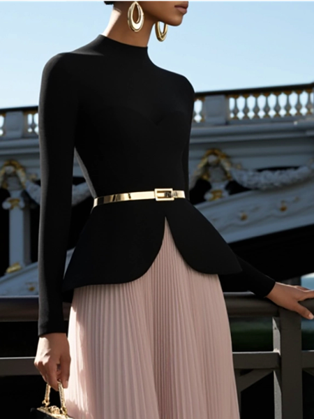 Urban Plain Stand Collar Blouse With Belt, Blouses and Shirts, color:Black|size:XXL, Stylewe