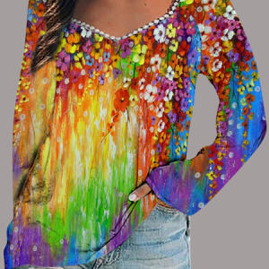 Women Geometric Long Sleeve Tee T-shirt Square Neck Printing Vintage Spring/Fall Top, JustFashionNow T-Shirts, color:Yellow|size:XXL,