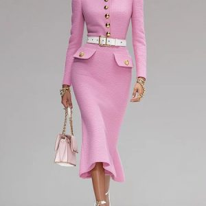 Elegant Plain Tweed Buttoned Stand Collar Midi Dress No Belt, Midi Dresses, color:Pink|size:XXL, Stylewe