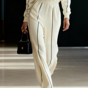Casual Color Block Straight Sweater Pants, Pants, color:White|size:XXL, Stylewe