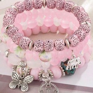 Bohemian Anchor Elephant Butterfly Multi-layer Beaded Elastic Bracelet, Bracelet Set, color:Pink|size:One-size, catalog Noracora shop