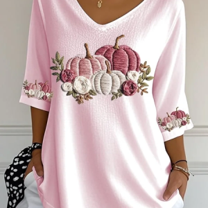 Women Halloween Pumpkin Floral Three Quarter Sleeve Tee T-shirt V Neck Printing Festival Spring/Fall Graphic Tee Top, JustFashionNow T-Shirts, color:Pink|size:5XL,