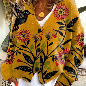 Women Floral Casual Spring/Fall Printing Cardigan, JustFashionNow Cardigans, color:Yellow|size:5XL,