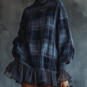 Casual Plaid Split Joint Stand Collar Mini Dress, Mini Dresses, color:Blue|size:XXL, Stylewe