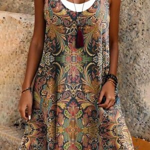 Women Floral Summer Dress Crew Neck Sleeveless A-Line Dress, Dresses, color:Brown|size:3XL, catalog Noracora shop