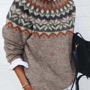 Women Abstract Printing Spring/Fall Casual Long Sleeve Crew Neck Sweater, JustFashionNow Sweaters, color:Light Brown|size:5XL,