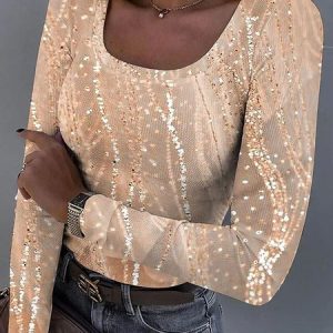 Casual Striped U-Neck Long Sleeve T-shirt, T-shirts, color:Beige|size:4XL, catalog Noracora shop