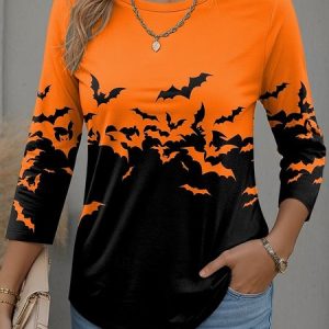 Halloween T-shirt Black Cat Pattern Vintage Crew Neck Long Sleeve Blouse, T-shirts, color:Color3|size:XXL, catalog Noracora shop
