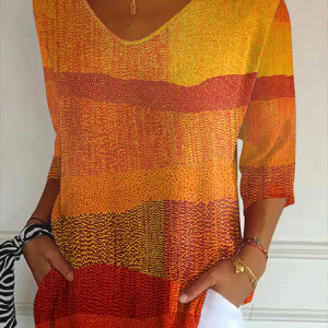 Casual Abstract V Neck Three Quarter Sleeve T-shirt, T-shirts, color:Orange|size:5XL, catalog Noracora shop