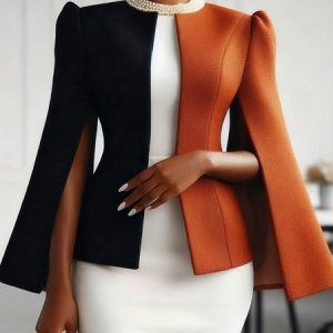 Elegant Split Joint Color Block Crew Neck Jacket, Jackets, color:Black-Orange|size:XXL, Stylewe