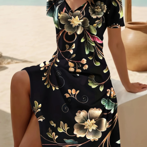 Women Floral Short Sleeve Summer Dress V Neck Daily Casual Midi Fit & Flare Dress A-Line Dress, JustFashionNow Casual Dresses, color:Black|size:5XL,