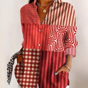 V Neck Long Sleeve Abstract Graphic Regular Micro-Elasticity Regular Fit Shirt For Women, Shirts, color:Red|size:4XL, catalog Noracora shop