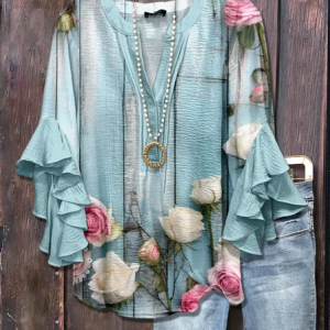 V Neck Half Sleeve Floral Printing Regular Loose Shirt For Women, Blouses, color:Blue|size:4XL, catalog Noracora shop