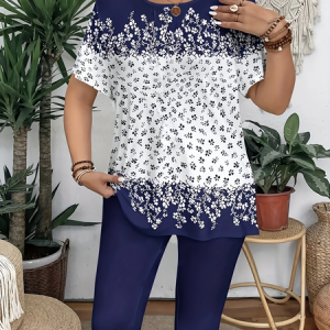 Women Floral Short Sleeve Tee T-shirt Crew Neck Printing Casual Summer Graphic Tee Top, JustFashionNow T-Shirts, color:Purplish Blue|size:XXL,