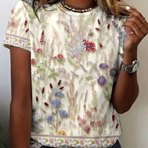 Vintage Animal Crew Neck Short Sleeve T-shirt, T-shirts, color:Beige|size:4XL, catalog Noracora shop