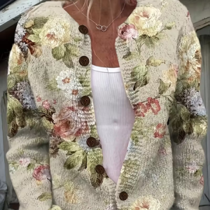 Women Floral Printing Long Sleeve Crew Neck Vintage Spring/Fall Cardigan Outerwear, JustFashionNow Cardigans, color:Oatmeal|size:5XL,