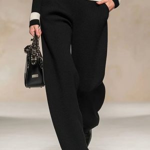 Casual Plain Sweater Straight Pants, Pants, color:Black|size:XXL, Stylewe