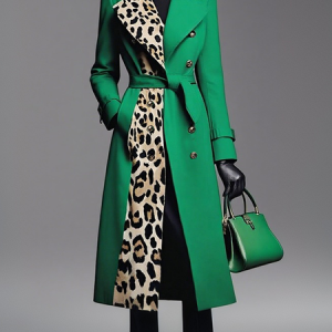 Urban Split Joint Leopard Lapel Collar Coat With Belt, Coats, color:Green|size:XXL, Stylewe