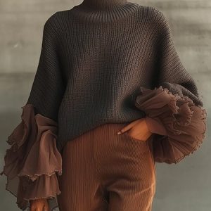 Casual Color Block Split Joint Turtleneck Balloon Sleeve Sweater, Pullovers, color:Gray|size:XXL, Stylewe