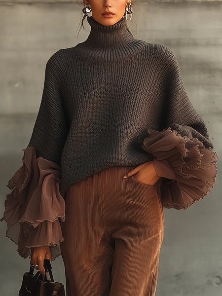 Casual Color Block Split Joint Turtleneck Balloon Sleeve Sweater, Pullovers, color:Gray|size:XXL, Stylewe