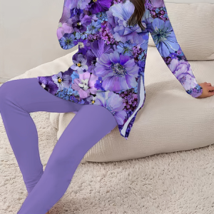 Women Floral Printing Two-Piece Set Daily Long Sleeve Casual Spring/Fall Top With Pants Matching Set, Sets, color:Purple|size:XXL, catalog Noracora shop