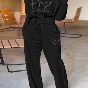 2 Pieces Outfit Rhinestone Graphic & Letter Pattern 3D Design Crop Drawstring Hoodie Sweatshirt and Casual Drawstring Elastic Waist Wide Leg Sweatpants Set, women Two-piece Sets, ChicMe catalog