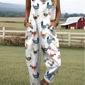 Women Animal Square Neck Gallus Casual Summer Linen Jumpsuits, Jumpsuits&Rompers, color:White|size:4XL, catalog Noracora shop