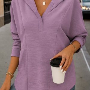 V Neck Long Sleeve Plain Regular Micro-Elasticity Regular Fit Shirt For Women, Shirts, color:Light Purple|size:3XL, catalog Noracora shop