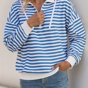 Casual V Neck Striped Sweatshirt, Hoodies & Sweatshirts, color:Blue|size:XL, catalog Noracora shop