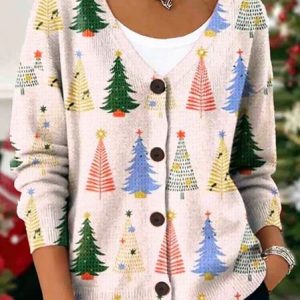 Women Christmas Long Sleeve V Neck Casual Spring/Fall Cardigan Outerwear, JustFashionNow Cardigans, color:Apricot|size:5XL,