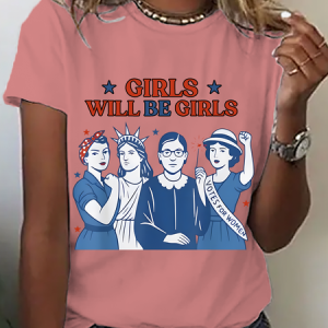 Girls Will Be Girls Short Sleeve Casual Comfy Cotton T-shirt, T-shirts, color:Orange Pink|size:3XL, catalog Noracora shop