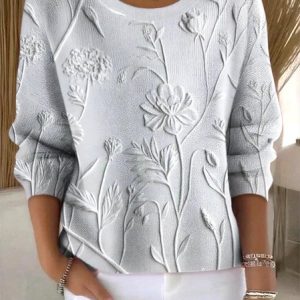 Women Floral Spring/Fall Vintage Long Sleeve Crew Neck Cotton Sweater, JustFashionNow Sweaters, color:Silver|size:4XL,