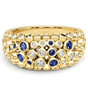 anniversary band - Italo Golden Bezel Setting White & Blue Sapphire Band For Women Cocktail Rings, Italo jewelry - Online Catalog