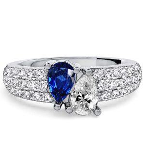 unique engagement rings - Italo Toi Et Moi Micro Pave Pear Cut White & Blue Sapphire Ring For Women, Italo jewelry - Online Catalog