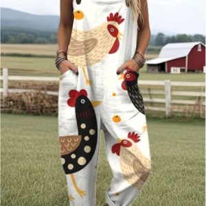 Women Animal Square Neck Gallus Casual Summer Cotton And Linen Jumpsuits, Jumpsuits&Rompers, color:Off White|size:4XL, catalog Noracora shop