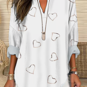 Women Heart/Cordate Long Sleeve Blouse Spring/Fall Printing V Neck Daily Casual Top, JustFashionNow Shirts, color:White|size:5XL,