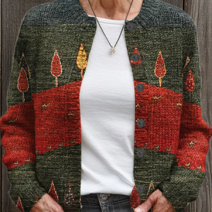 Women Christmas Printing Long Sleeve Crew Neck Vintage Spring/Fall Cardigan Outerwear, JustFashionNow Cardigans, color:Green|size:5XL,
