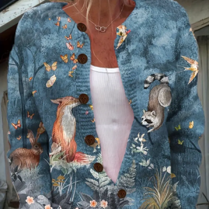 Women 3D Floral Animal Print Long Sleeve Comfy Vintage Cardigan, Cardigans, color:As Picture|size:5XL, catalog Noracora shop