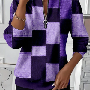 Women Abstract Plaid Crew Neck Printing Casual Spring/Fall Long Sleeve Sweatshirt, JustFashionNow Sweatshirts & Hoodies, color:Purple|size:5XL,