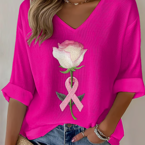 Women Floral Three Quarter Sleeve Tee T-shirt V Neck Casual Spring/Fall Top, JustFashionNow T-Shirts, color:Rose Red|size:4XL