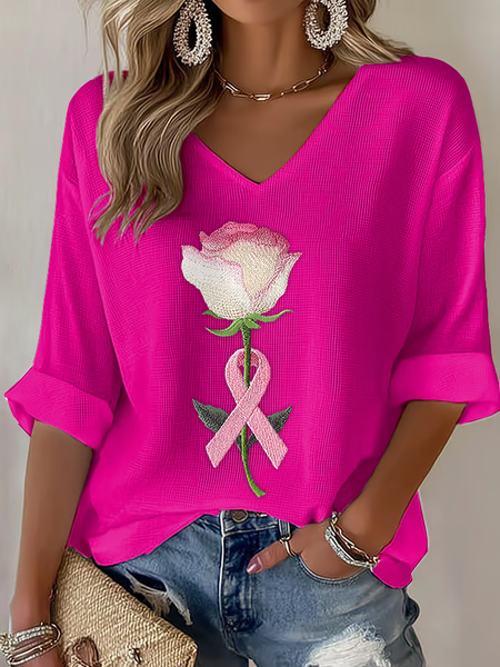 Women Floral Three Quarter Sleeve Tee T-shirt V Neck Casual Spring/Fall Top, JustFashionNow T-Shirts, color:Rose Red|size:4XL