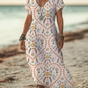Women Floral Short Sleeve Summer Printing Dress V Neck Daily Casual Maxi X-Line Dress, JustFashionNow Casual Dresses, color:Beige|size:3XL,