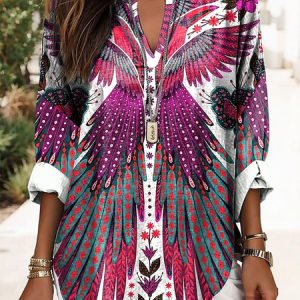 Shawl Collar Half Sleeve Parrots Regular Loose Blouse For Women, Blouses, color:As Picture|size:4XL, catalog Noracora shop