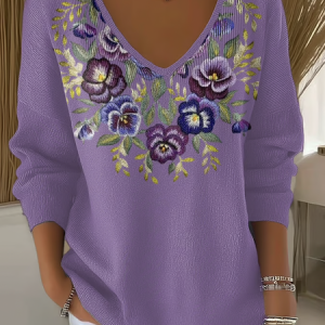 Women Cotton Floral Long Sleeve Comfy Casual Sweater, Sweaters, color:Light Purple|size:4XL, catalog Noracora shop