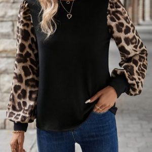 Casual Color Block Crew Neck Long Sleeve T-shirt, T-shirts, color:Black|size:XXL, catalog Noracora shop