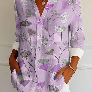 V Neck Long Sleeve Abstract Graphic Regular Micro-Elasticity Regular Fit Shirt For Women, Shirts, color:Purple|size:4XL, catalog Noracora shop